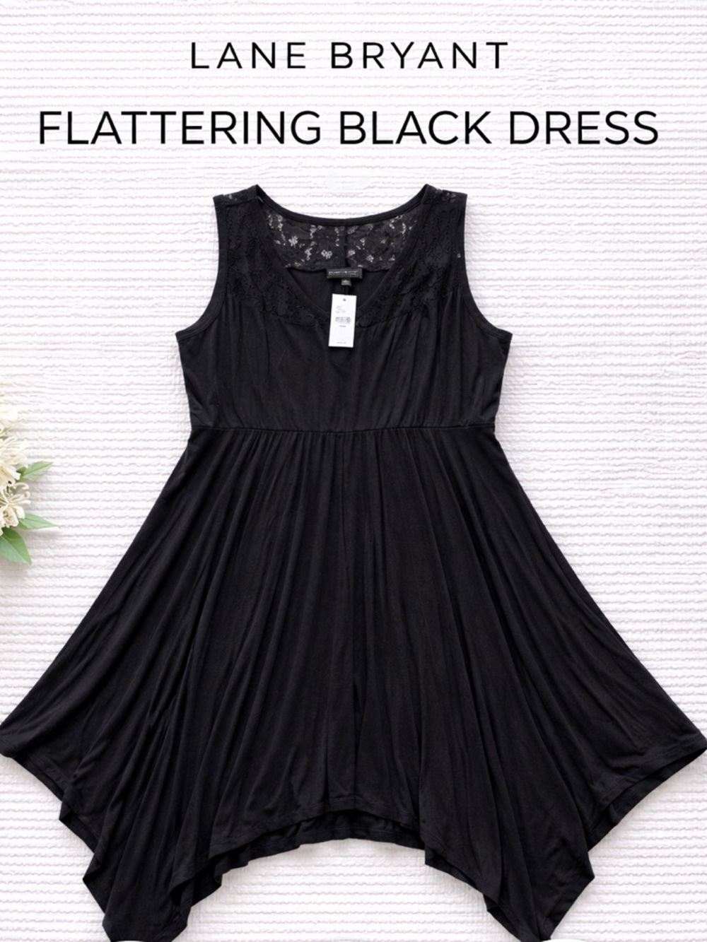 Lane Bryant Black Handkerchief Hem Dress Lace Yoke Stretch 24W NWT